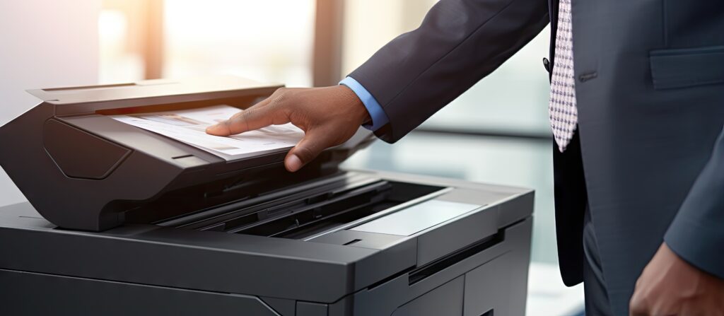 Office workers utilize a panel to operate a printer or photocopier for scanning and printing documents